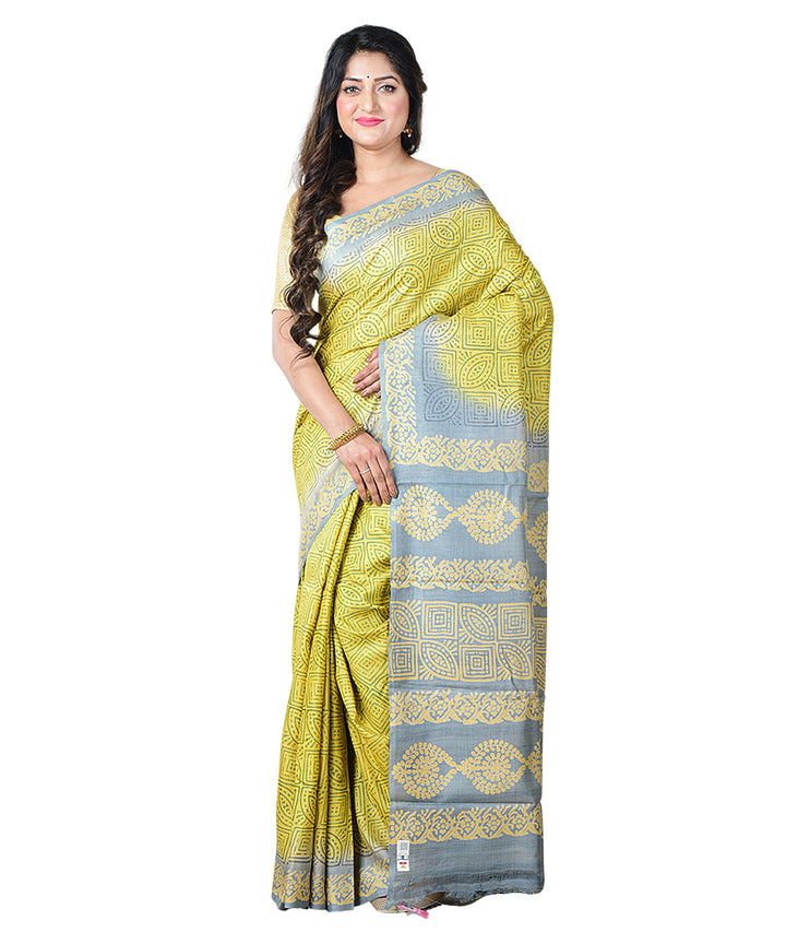Light green grey block print handwoven tussar silk saree