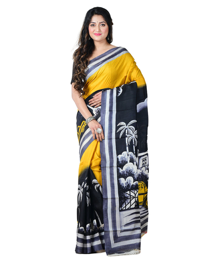 Yellow black  hand painted silk saree