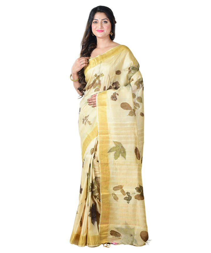 Beige green  handprinted silk saree