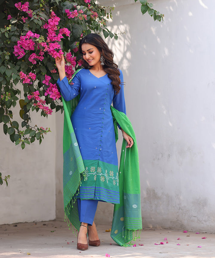 Blue green jamdani kurta set with dupatta