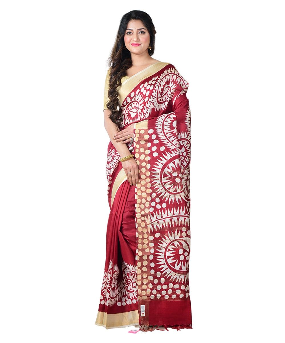 Maroon white block print handprinted silk saree