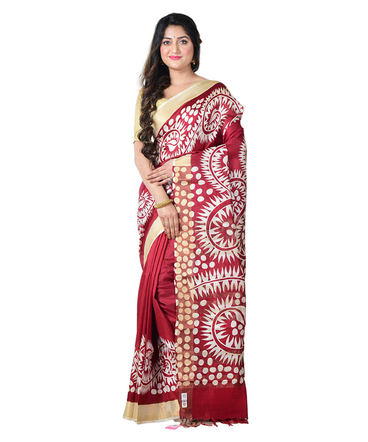 Maroon white block print handprinted silk saree