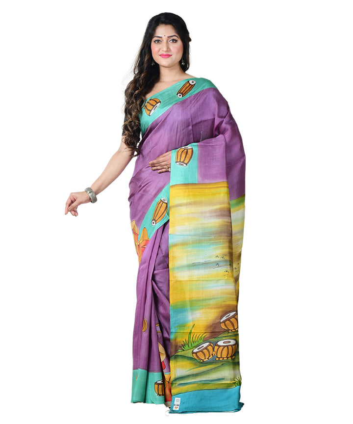 Purple multicolor  hand painted silk saree