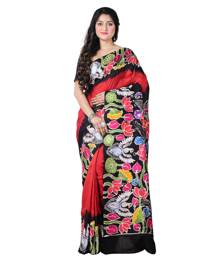 Red multicolor batik print handprinted silk saree