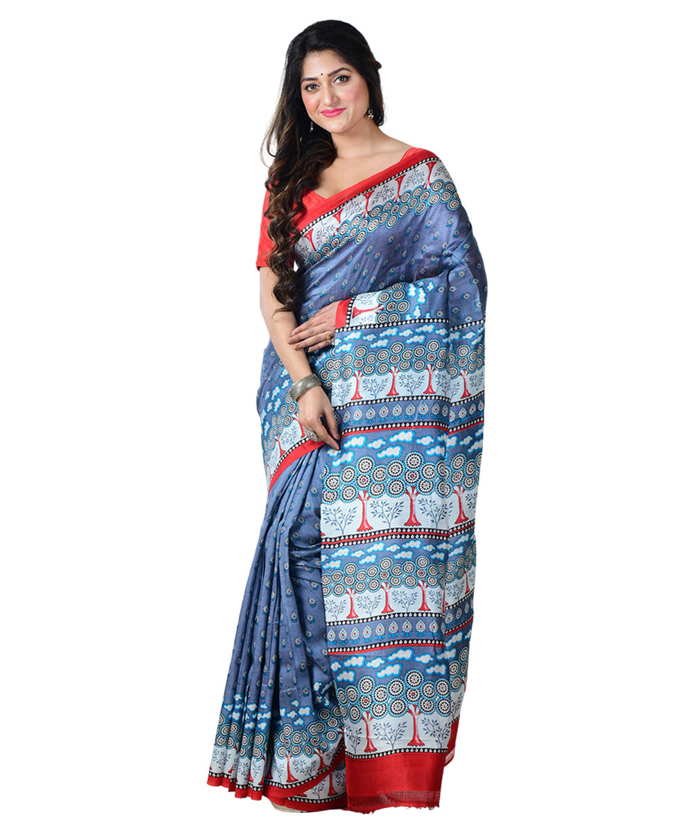 Grey multicolor  handprinted silk saree