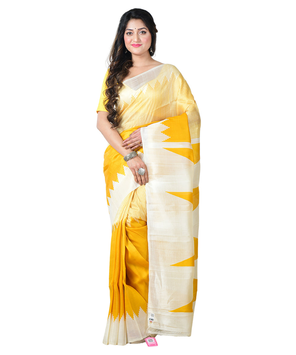 Yellow white block print handprinted silk saree