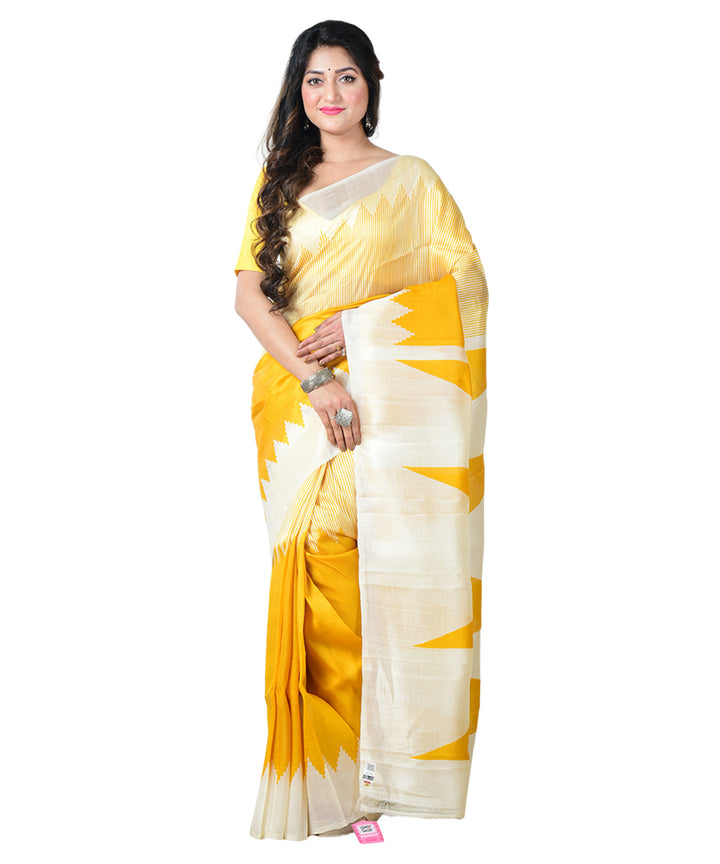 Yellow white block print handprinted silk saree