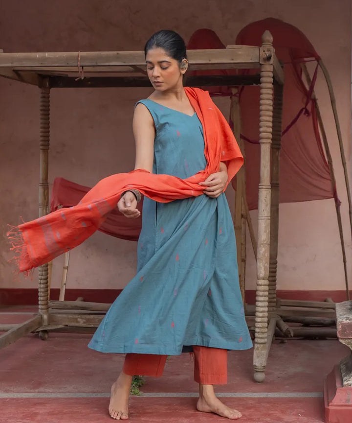 Handloom grey cotton jamdani kurta set with dupatta