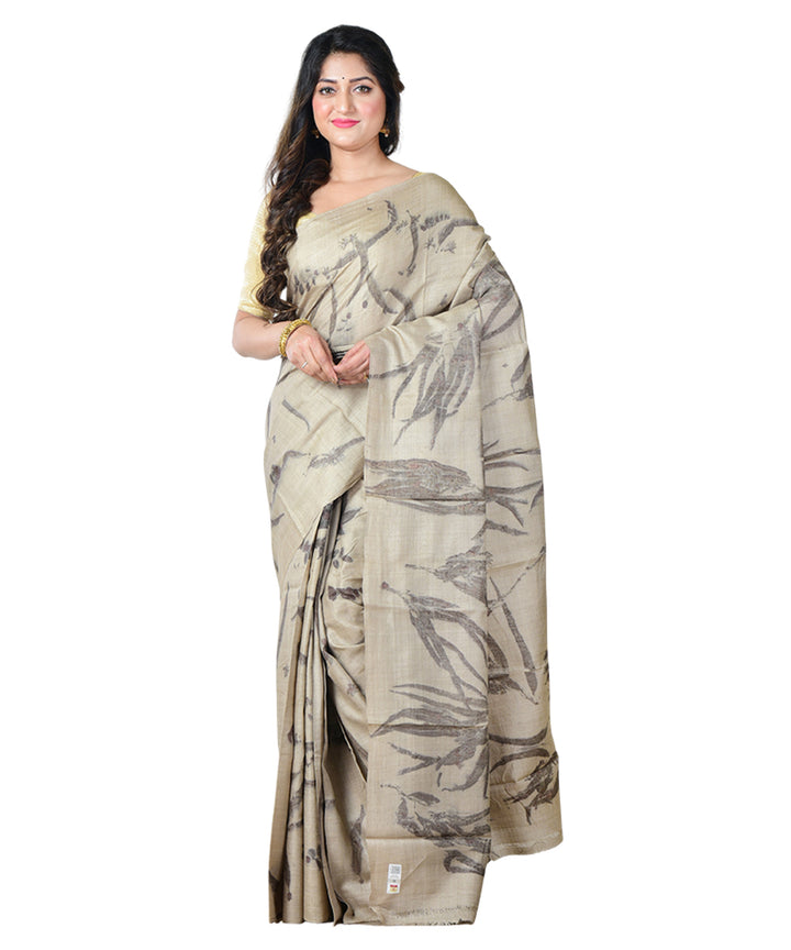 Grey black  handprinted tussar silk saree