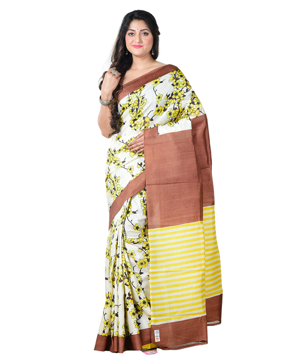 Beige brown block print handprinted silk saree