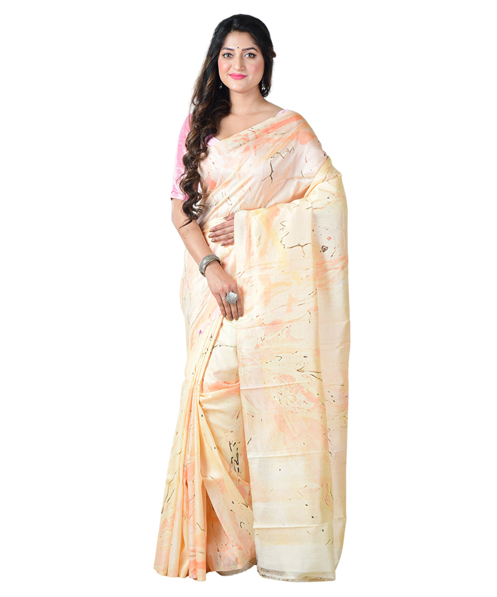 Cream orange batik print handprinted silk saree