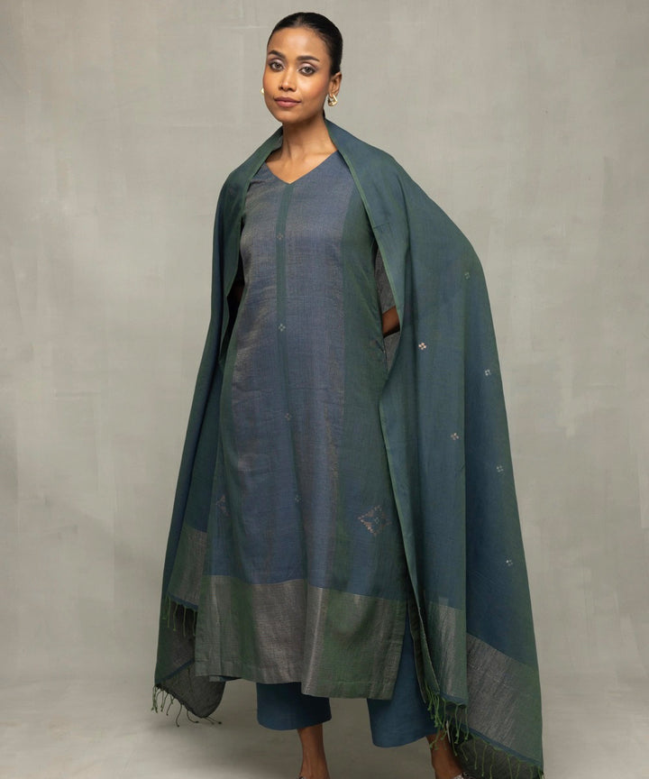 Teal green jamdani kurta set with silver zari border and dupatta