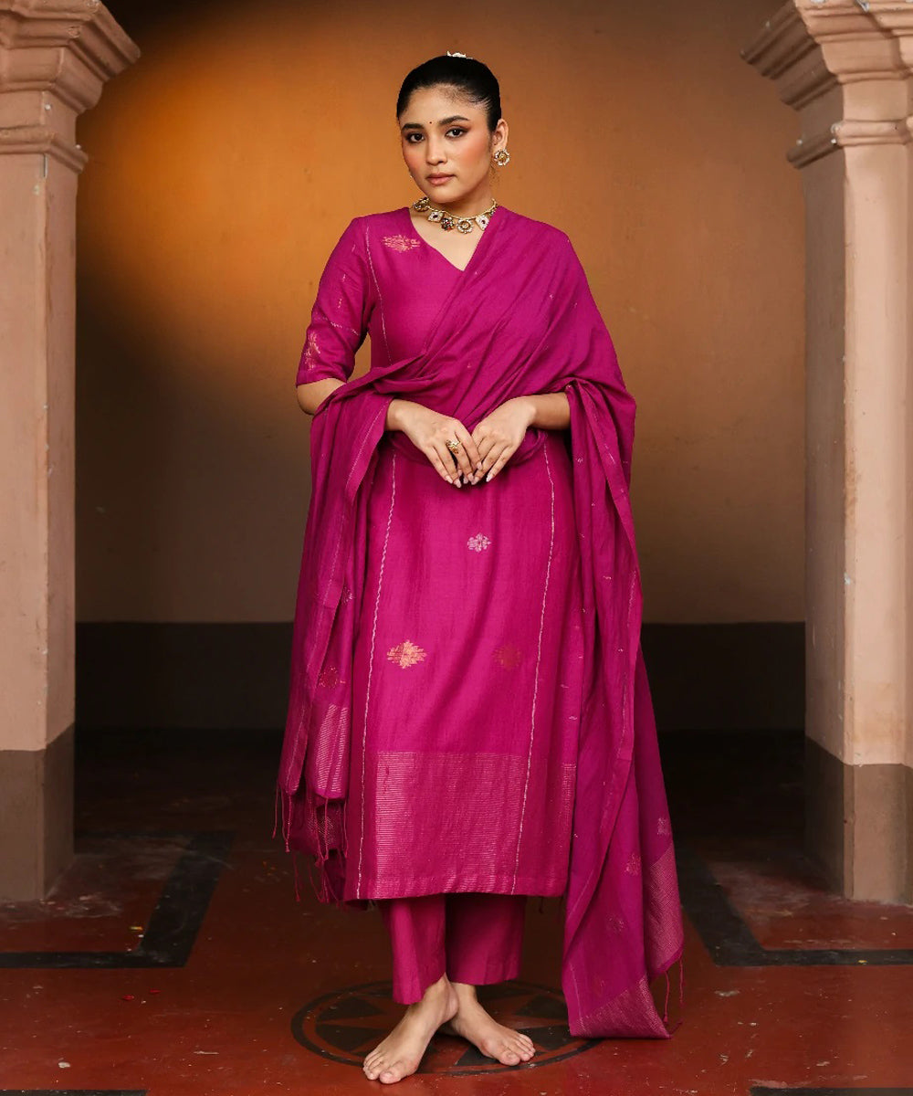 Handloom rani pink cotton zari jamdani kurta set with dupatta