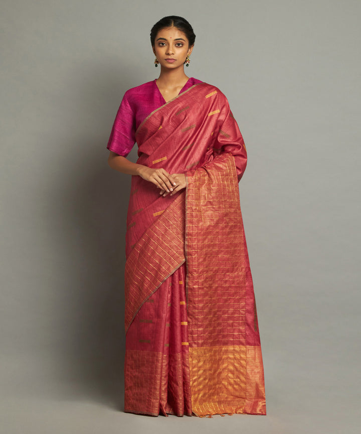 Bright red tussar silk hand woven chhattisgarh kosa saree