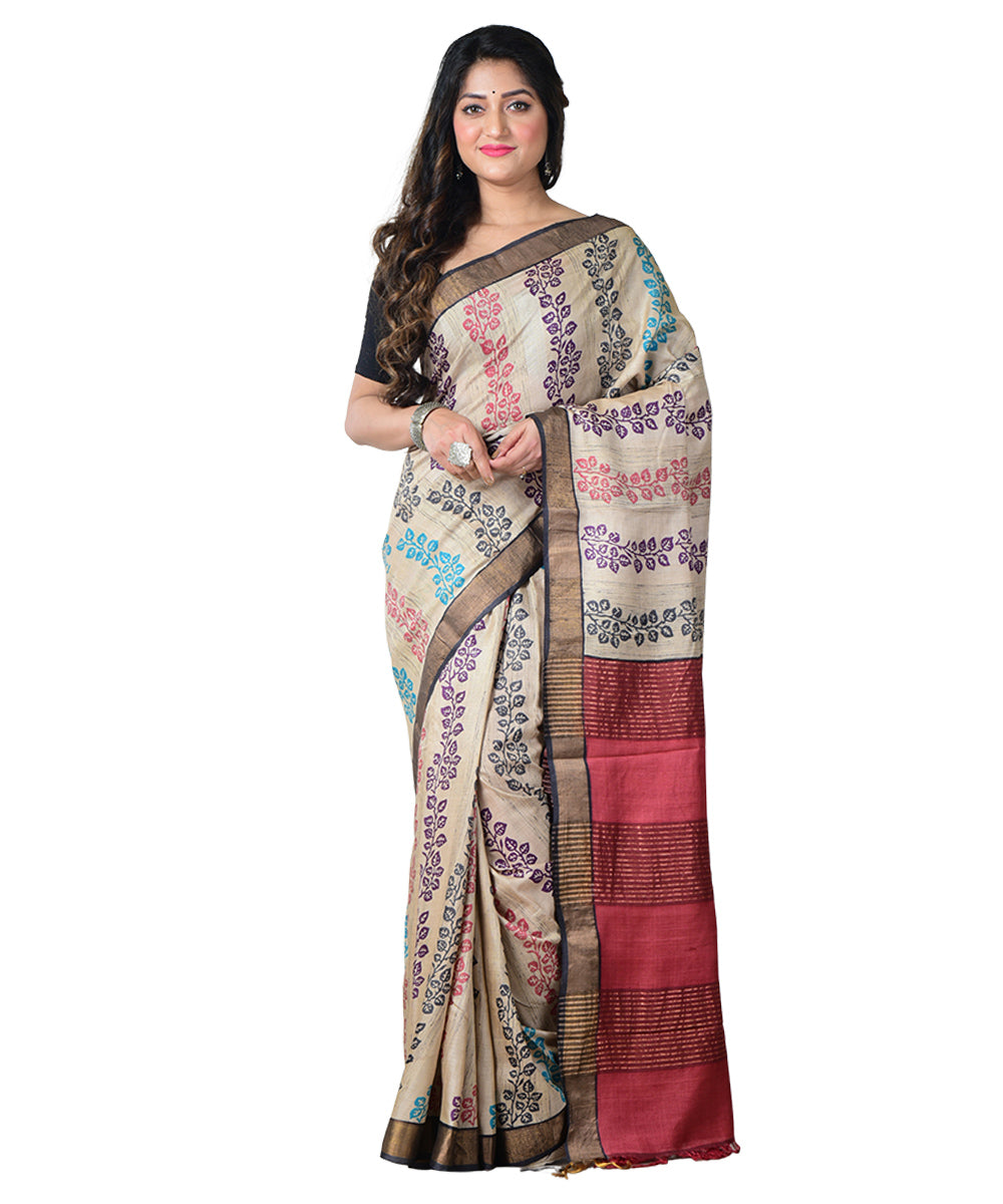 Beige multicolor block print handprinted tussar silk saree