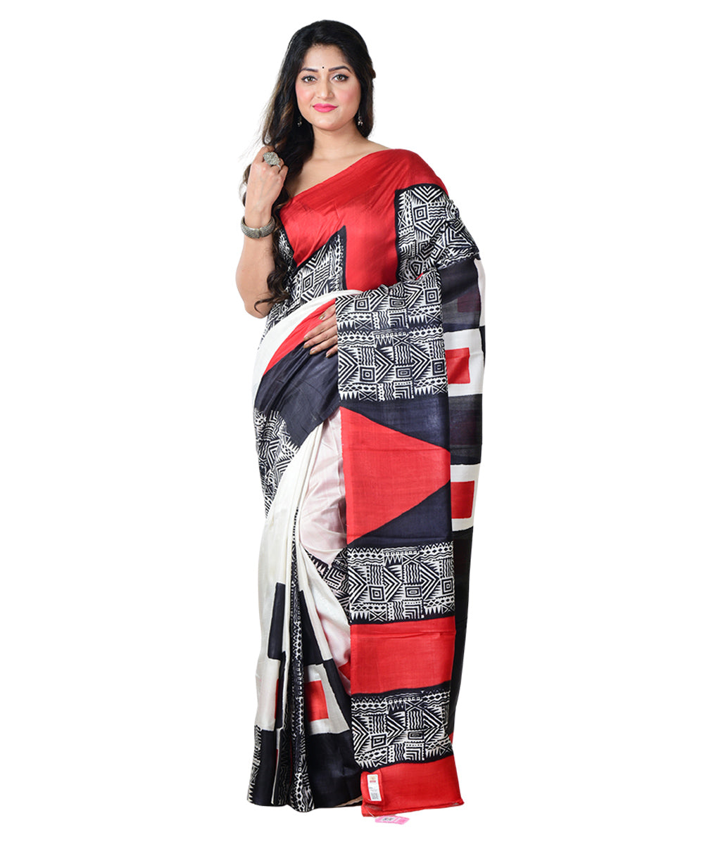 Black red block print handprinted silk saree