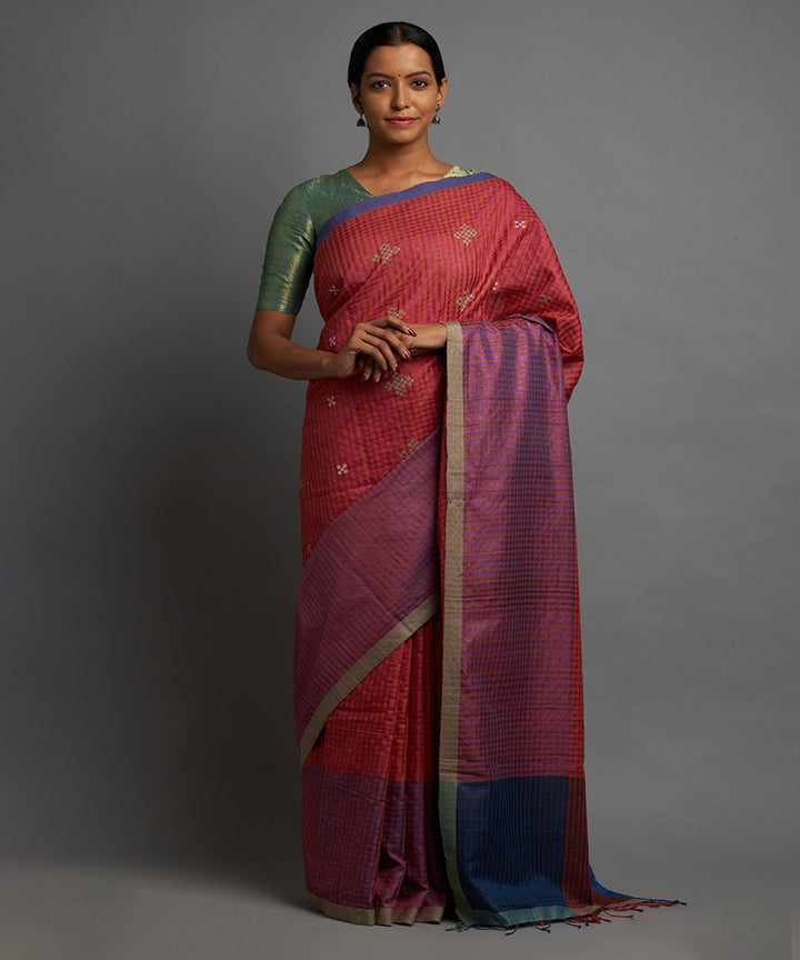 Magenta pumpkin orange tussar silk hand woven chhattisgarh kosa saree