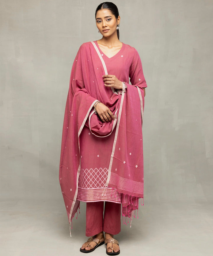 Dusty rose pink cross motifs jamdani kurta set with dupatta