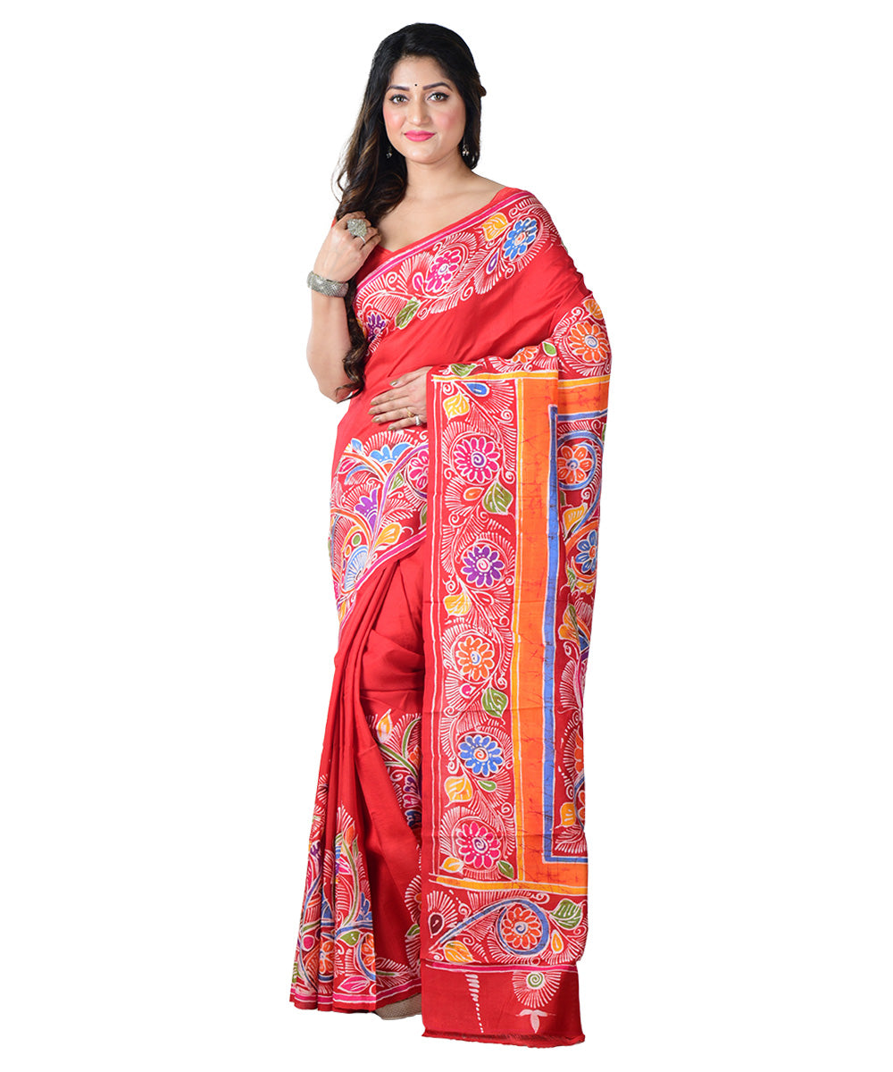 Red multicolor batik print handprinted silk saree