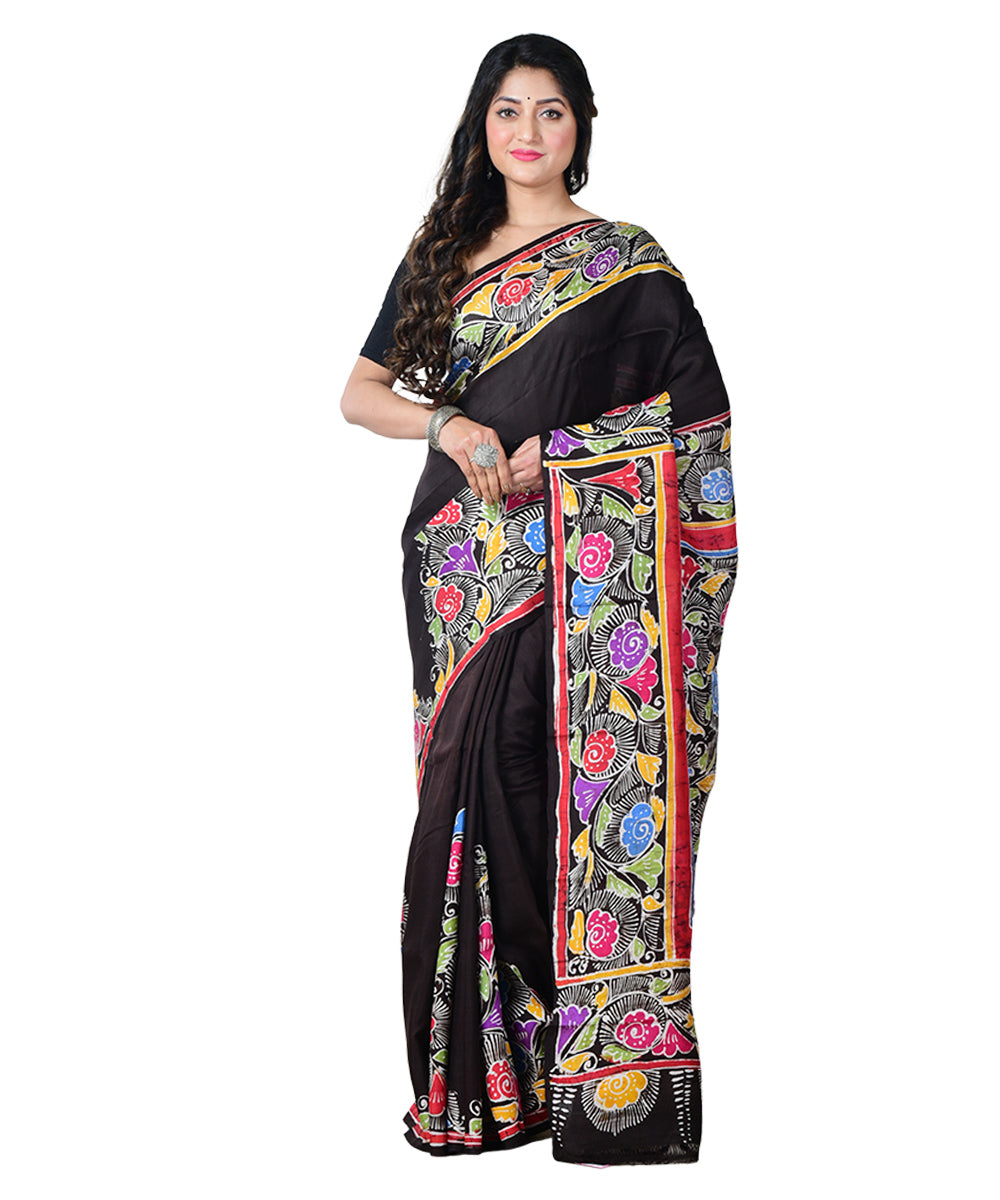 Black multicolor batik print handprinted silk saree