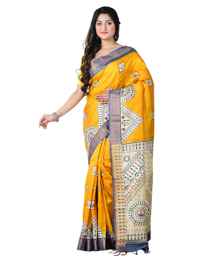 Mustard white block print handprinted silk saree