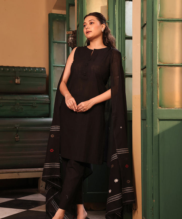 Black cotton kurta set with jamdani dupatta