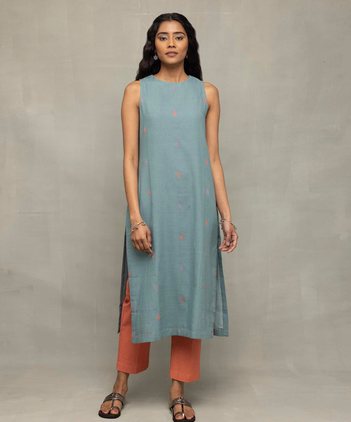 Zen blue straight fit jamdani kurta set tangerine leaf motif dupatta