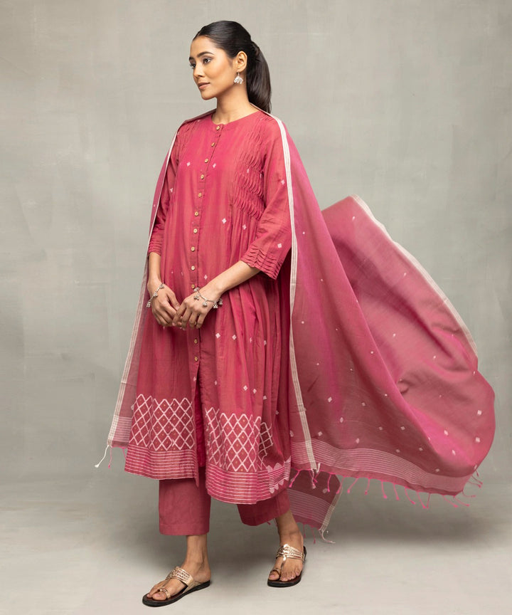 Dusty rose cross motifs jamdani kurta set with dupatta