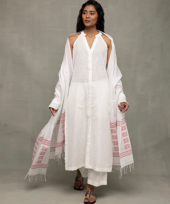 White slub cotton kurta set with jamdani dupatta