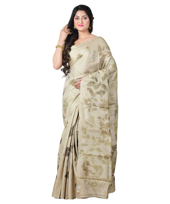 Beige yellow  handprinted tussar silk saree