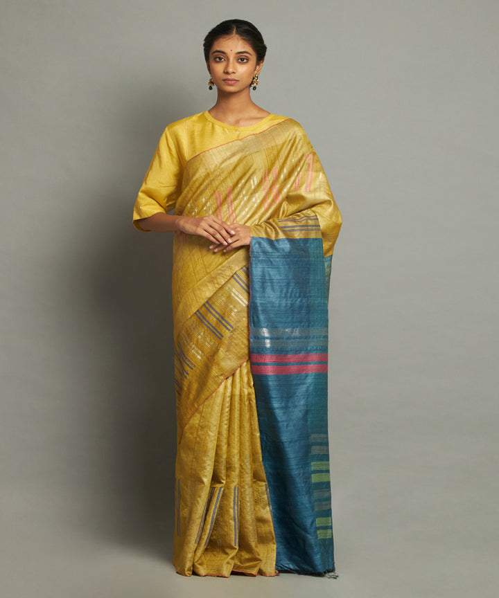 Yellow blue tussar silk hand woven chhattisgarh kosa saree