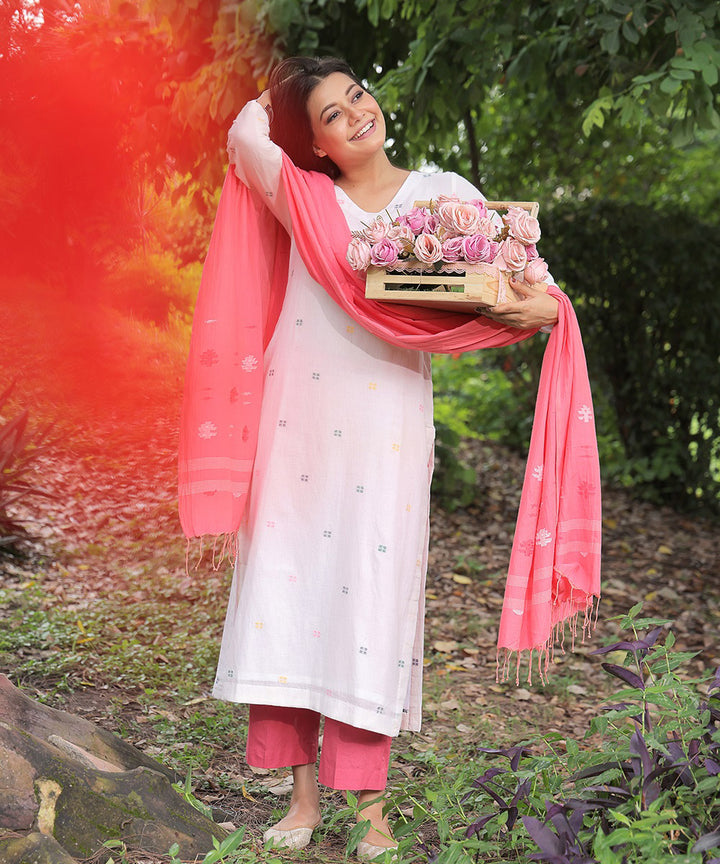 Handloom off white cotton square jamdani kurta set with dupatta