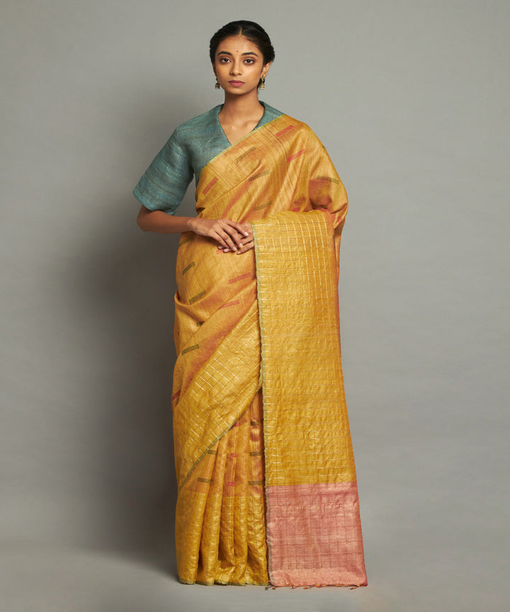 Yellow tussar silk handwoven chhattisgarh kosa saree