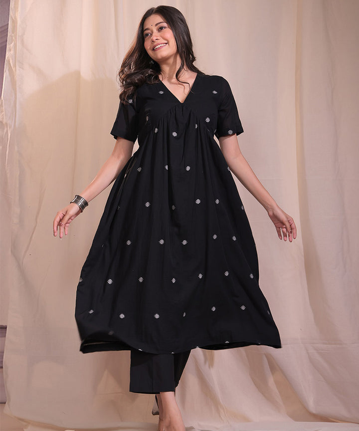 Handloom black cotton jamdani flared kurta set with dupatta