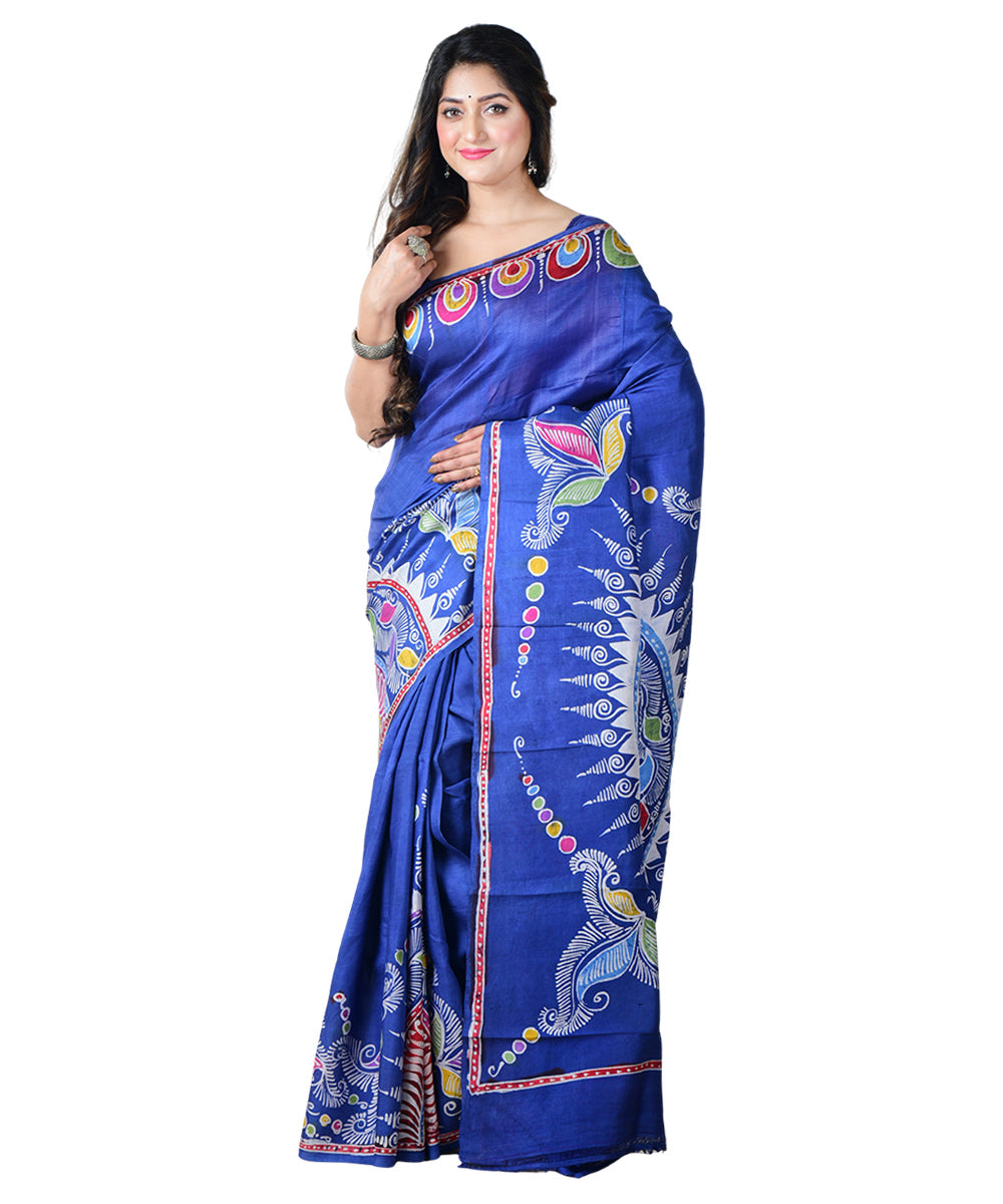 Navy blue white batik print handprinted silk saree