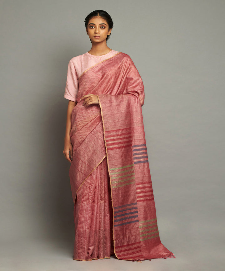 Coral zari tussar silk hand woven chhattisgarh kosa saree