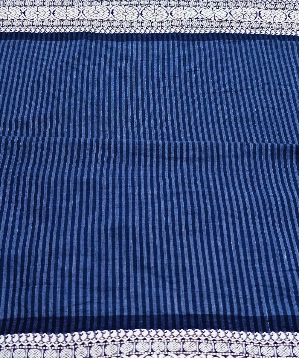 Navy blue white stripes handwoven block print cotton fabric