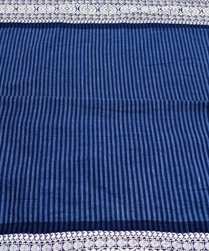 Navy blue white stripes handwoven block print cotton fabric