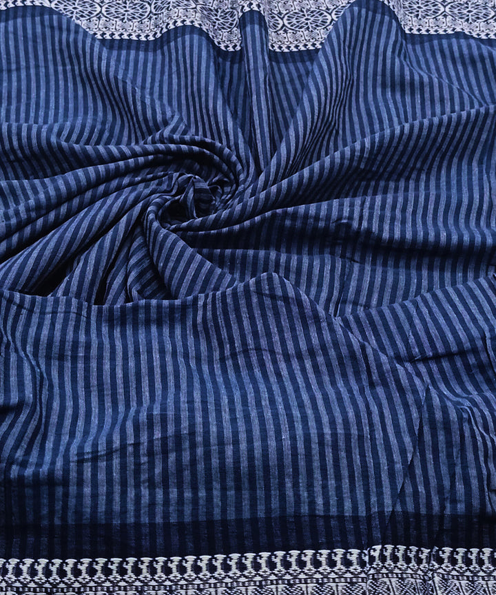 Navy blue white stripes handwoven block print cotton fabric