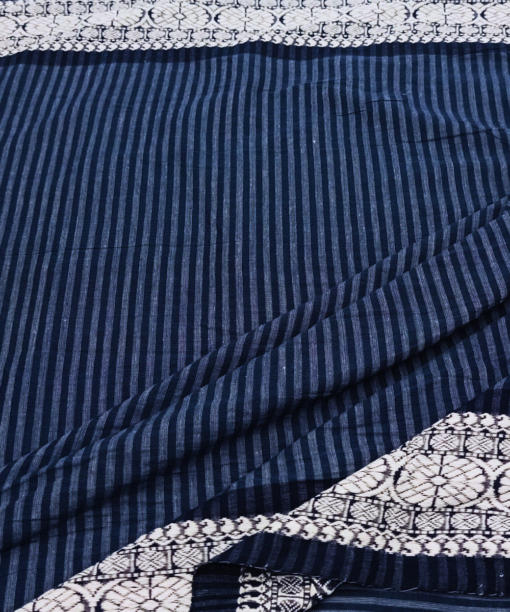 Navy blue white stripes handwoven block print cotton fabric