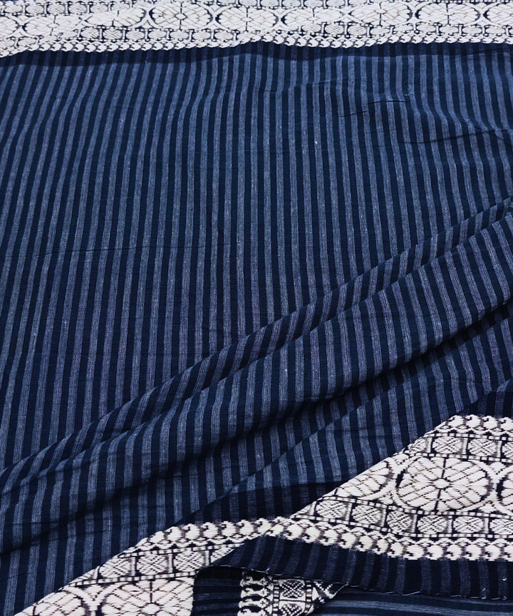 Navy blue white stripes handwoven block print cotton fabric