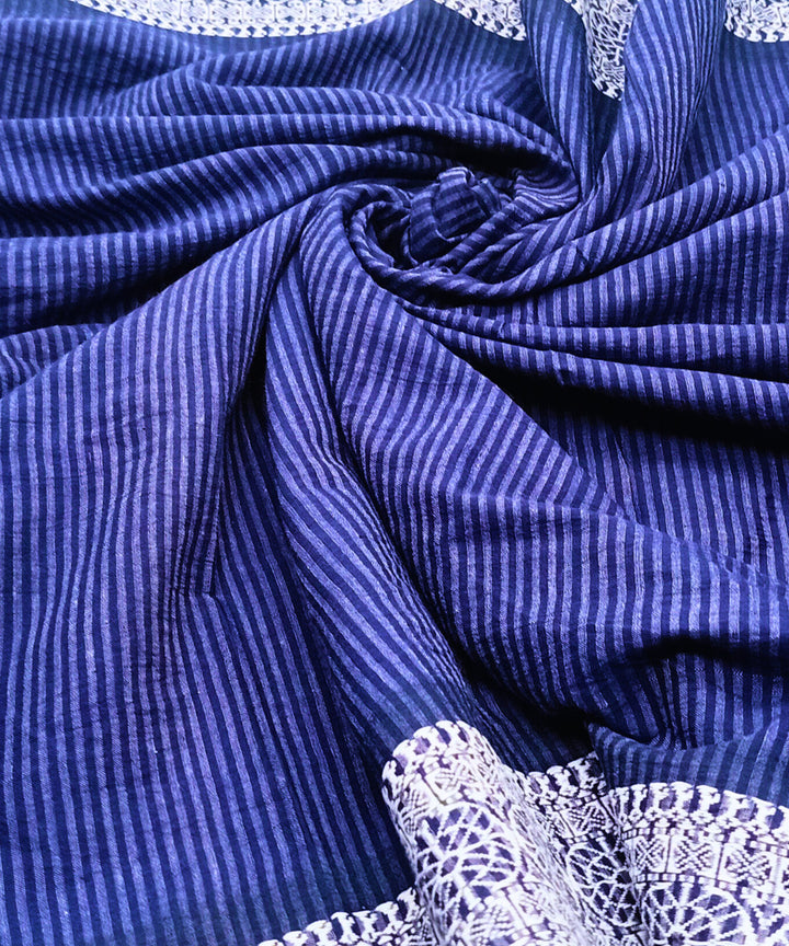 Navy blue white stripes handwoven cotton block print fabric