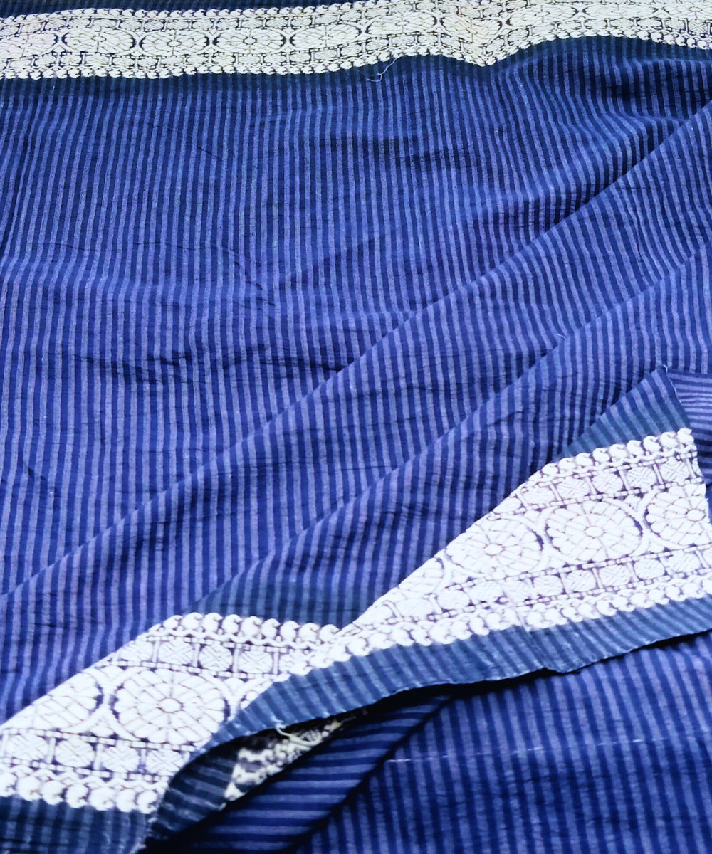 Navy blue white stripes handwoven cotton block print fabric