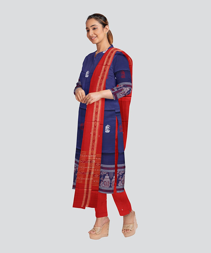 Sky Blue Dark Red Handloom Cotton Bomkai Dress Material