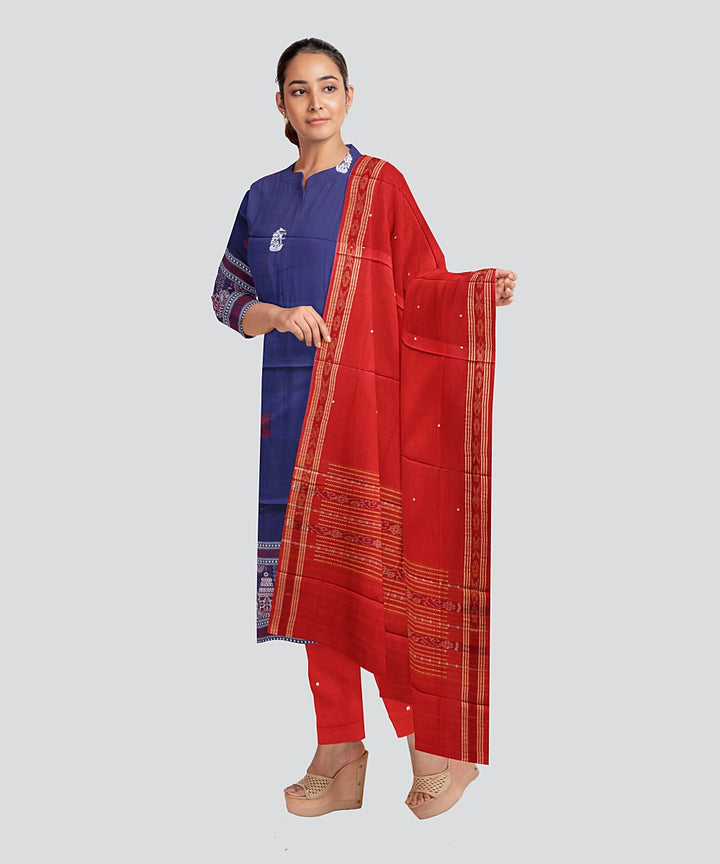 Sky Blue Dark Red Handloom Cotton Bomkai Dress Material