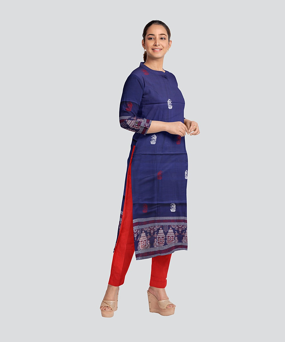 Sky Blue Dark Red Handloom Cotton Bomkai Dress Material