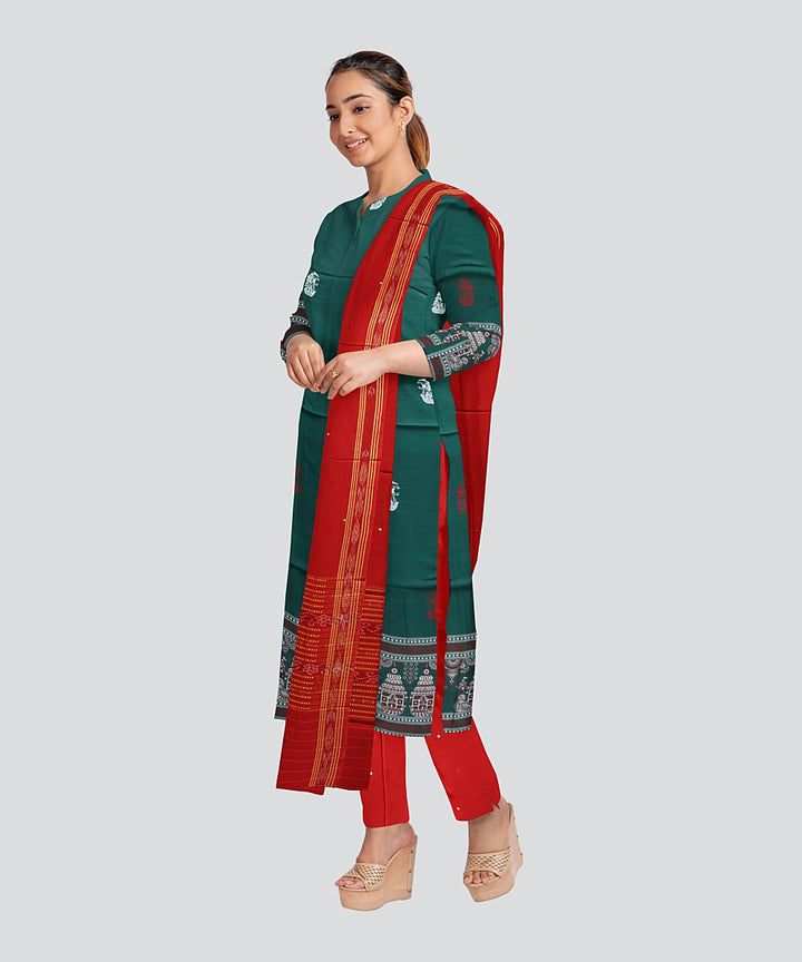 Dark Green Dark Red Handloom Bomkai Cotton Dress Material