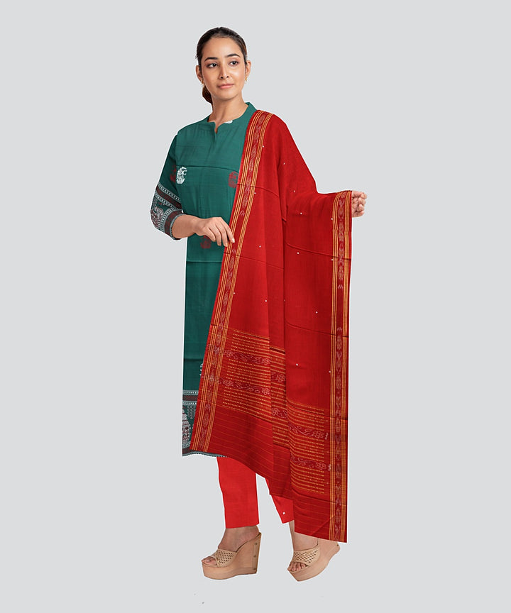 Dark Green Dark Red Handloom Bomkai Cotton Dress Material