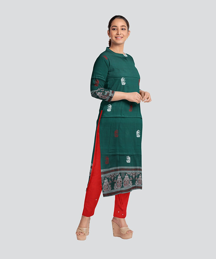 Dark Green Dark Red Handloom Bomkai Cotton Dress Material