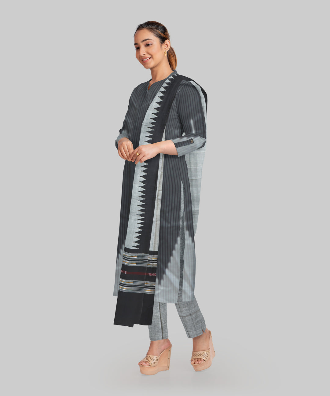 Black Grey Handloom Cotton Silk Sambalpuri Dress Material